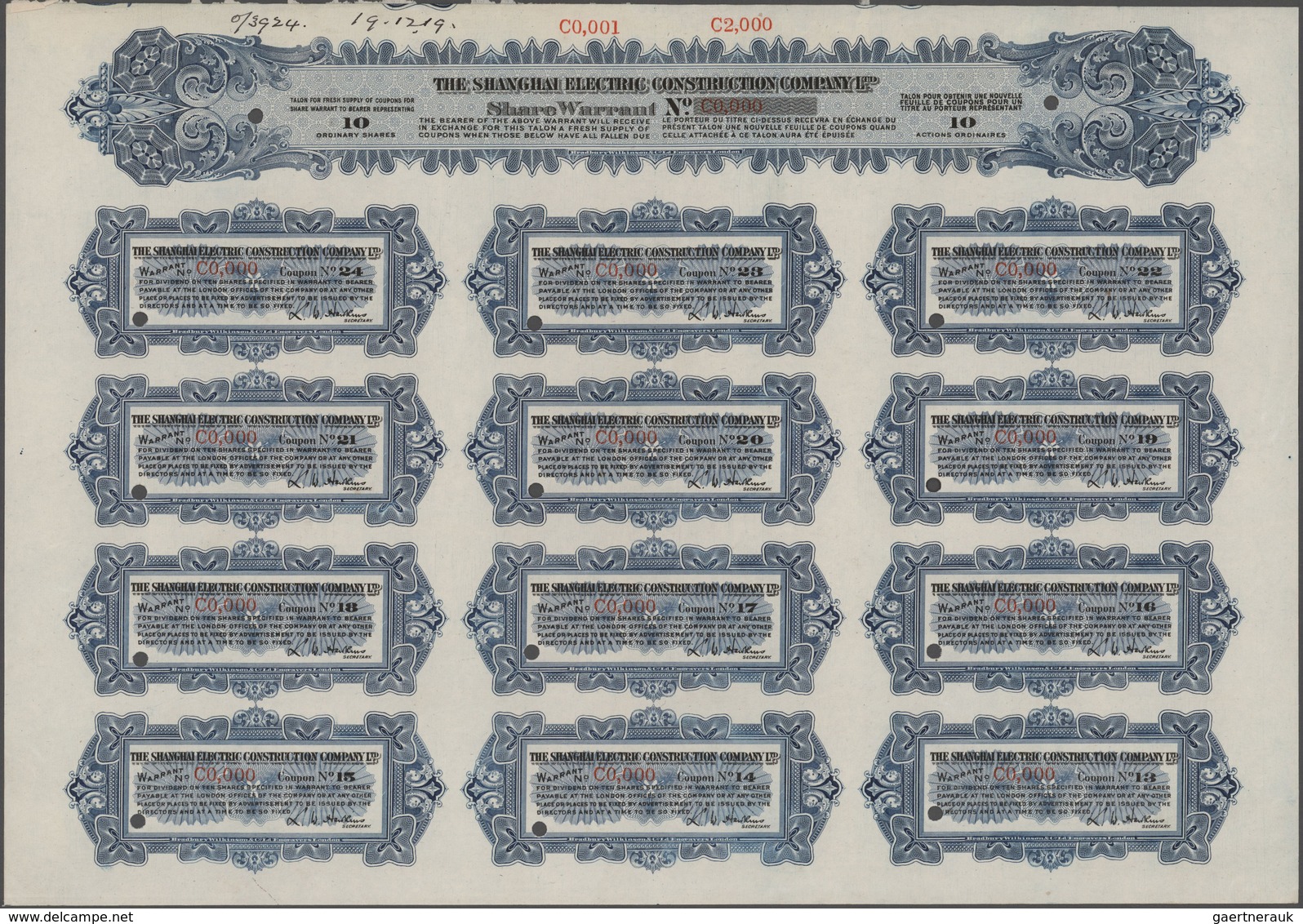 Alte Aktien / Wertpapiere: 1919/23, 6 Shanghai Electric Construction Company Ltd. Share Warrant Spec - Autres & Non Classés