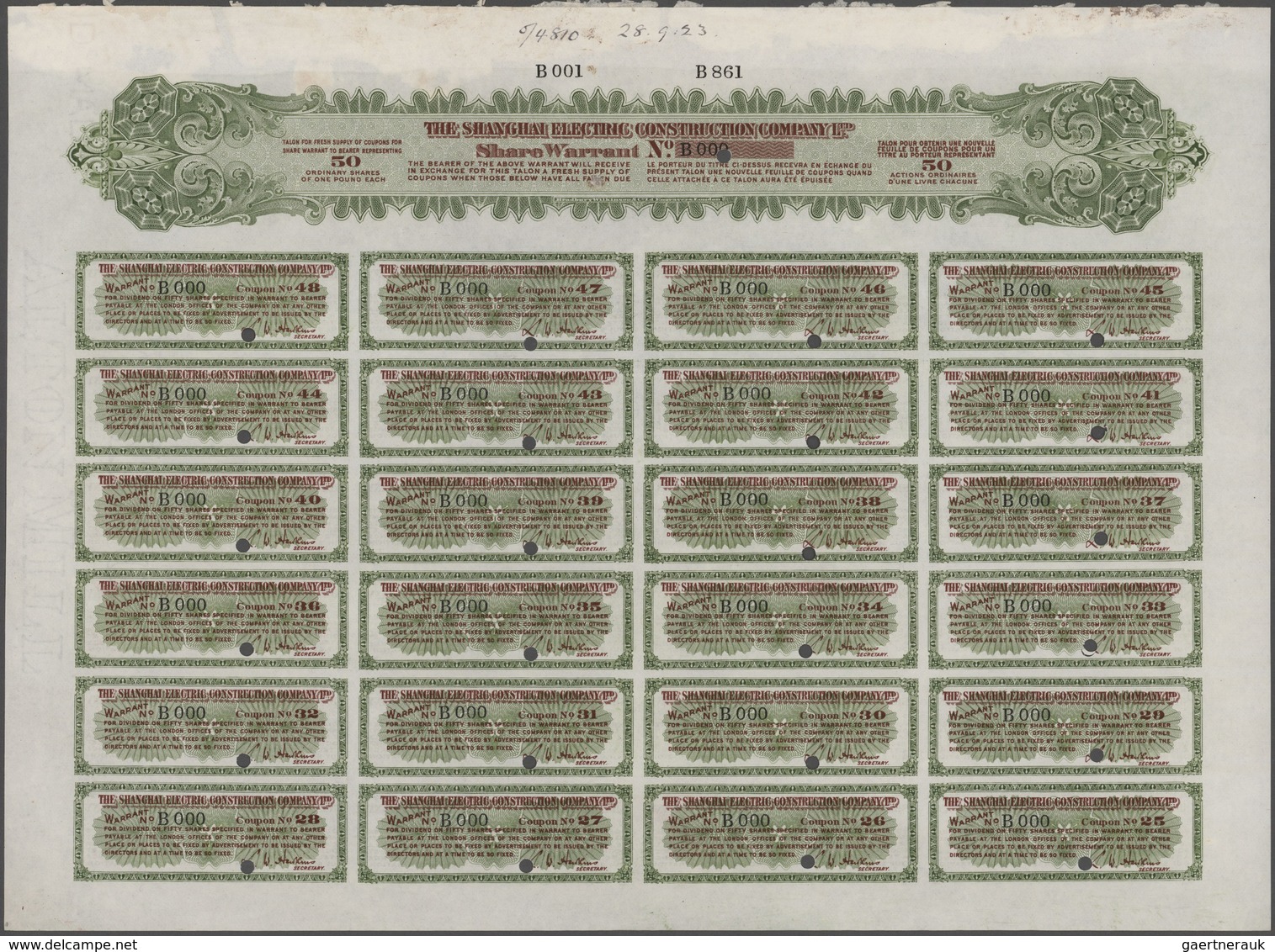 Alte Aktien / Wertpapiere: 1919/23, 6 Shanghai Electric Construction Company Ltd. Share Warrant Spec - Autres & Non Classés