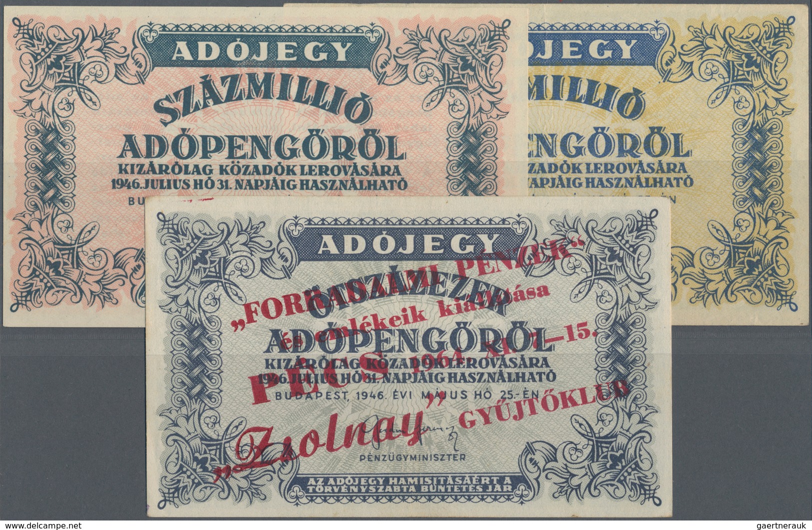 Hungary / Ungarn: Almost Complete Lot With 18 Banknotes Of The 1946 Tax-Pengö Issue From 50.000 Ado- - Hongrie