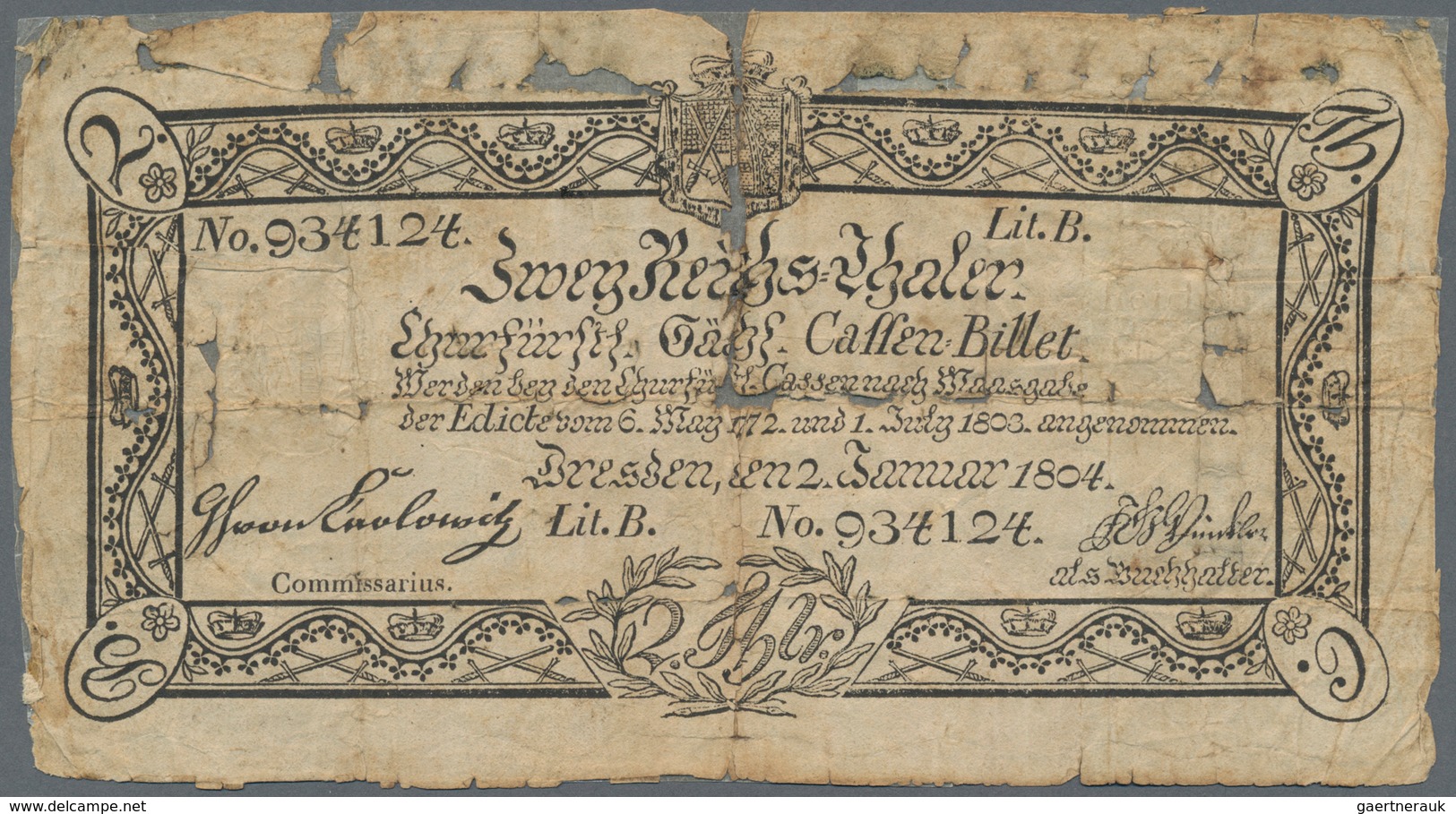 Deutschland - Altdeutsche Staaten: Churfürstl. Sächs. Cassen-Billet 2 Reichstaler 1804, PiRi A381, S - …-1871: Altdeutschland