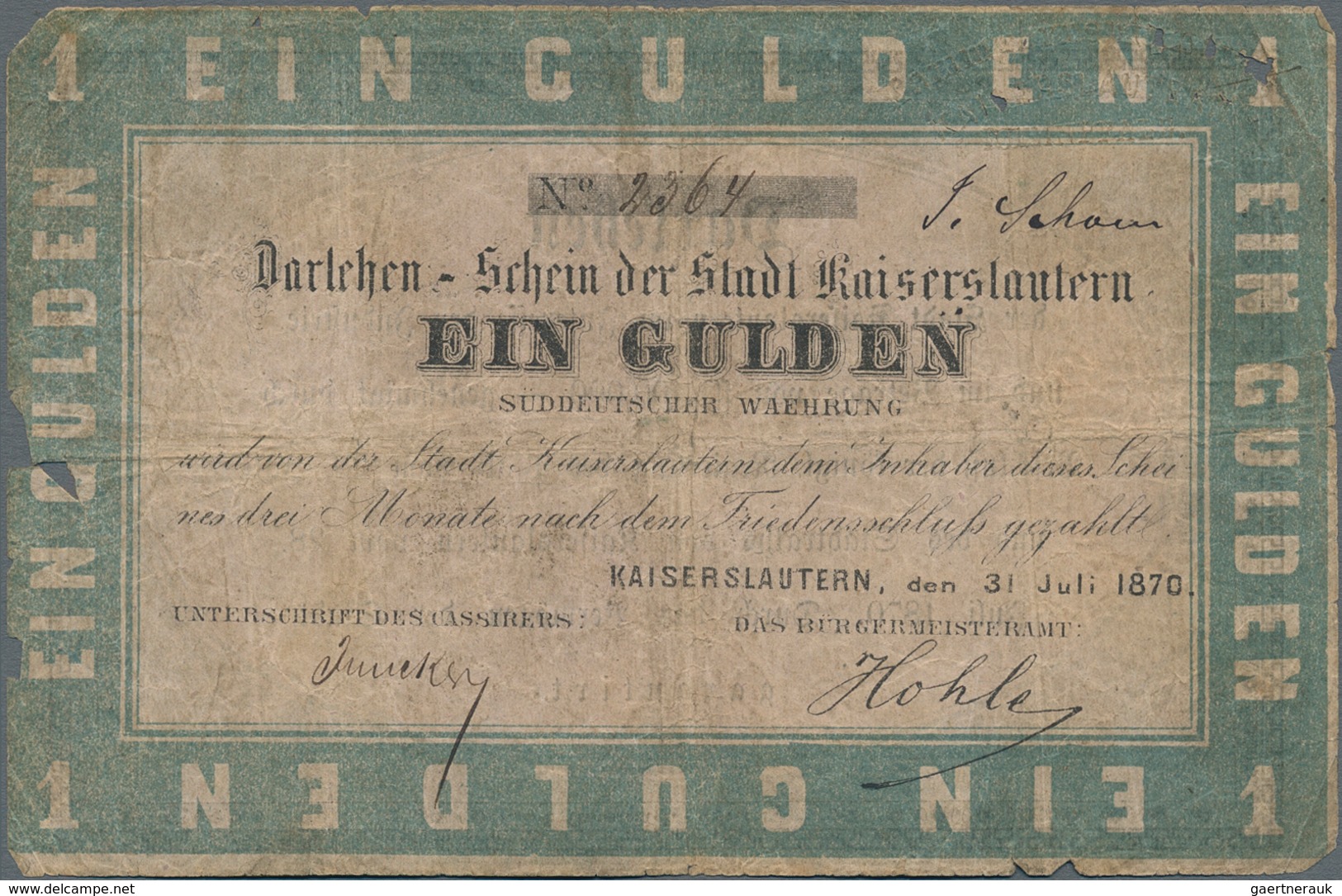 Deutschland - Altdeutsche Staaten: Darlehen-Schein Der Stadt Kaiserslautern 1 Gulden 1870, PiRi A577 - …-1871: Altdeutschland