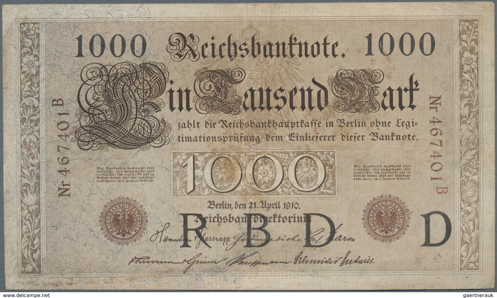 Deutschland - Deutsches Reich Bis 1945: 1000 Mark 1910, Udr."D", Serie "B", Ro.45a, Aber Mit Brauner - Sonstige & Ohne Zuordnung