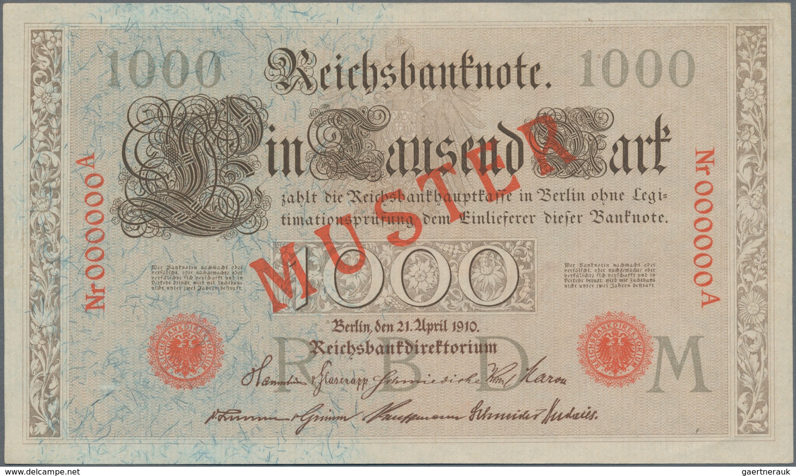 Deutschland - Deutsches Reich Bis 1945: 1000 Mark 1910 MUSTER Udr. Buchstabe "M", Ro.45cM Mit KN 000 - Other & Unclassified