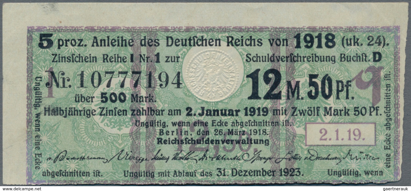 Deutschland - Deutsches Reich Bis 1945: Zinskupon Der Anleihe 1918, Serie "q" Zu 12,50 Mark, Ro.61c - Sonstige & Ohne Zuordnung