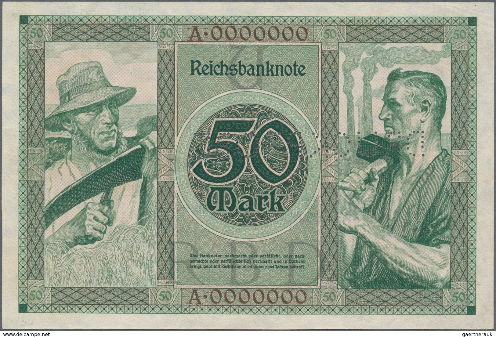 Deutschland - Deutsches Reich Bis 1945: 50 Mark 1920 MUSTER, Ro.66M Mit Perforation "Druckprobe" Und - Autres & Non Classés