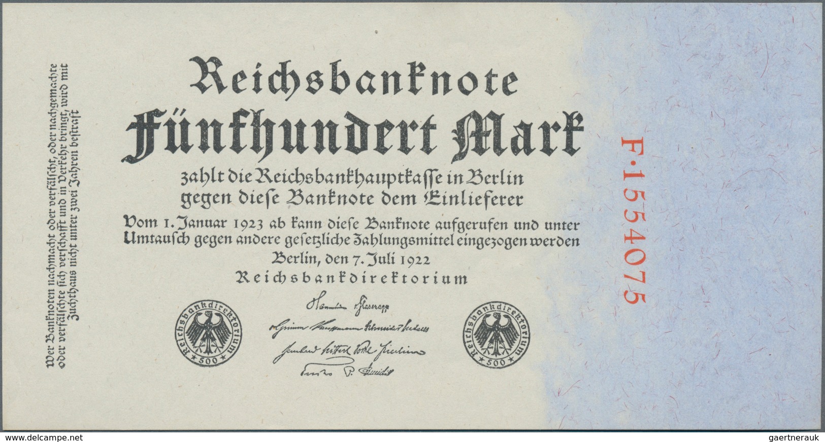 Deutschland - Deutsches Reich Bis 1945: Set Mit 2x 500 Mark 1922, Reichsdruck Mit Roter KN F-1554072 - Other & Unclassified