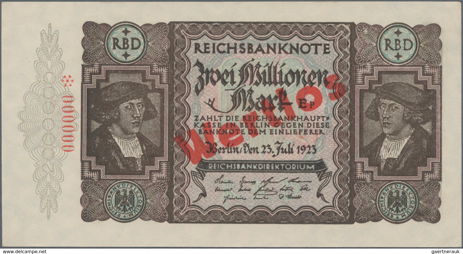 Deutschland - Deutsches Reich Bis 1945: 2 Millionen Mark 1923 MUSTER, Ro.89M, Mit Rotem Überdruck "W - Autres & Non Classés