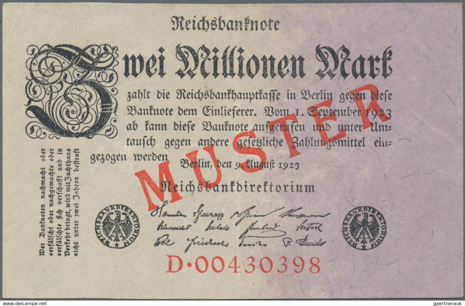 Deutschland - Deutsches Reich Bis 1945: 2 Millionen Mark 1923 Muster Aus Laufender Serie Mit KN D004 - Autres & Non Classés