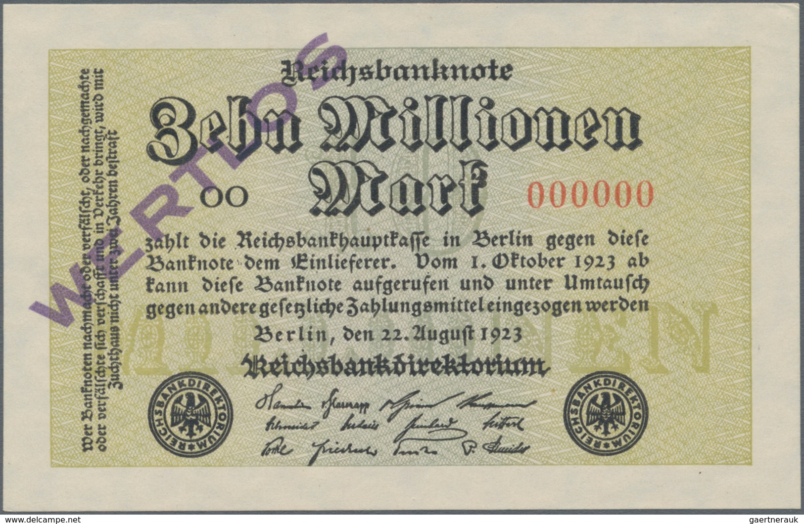 Deutschland - Deutsches Reich Bis 1945: 10 Millionen Mark 1923 MUSTER, Ro.105M Mit Überdruck "Wertlo - Other & Unclassified