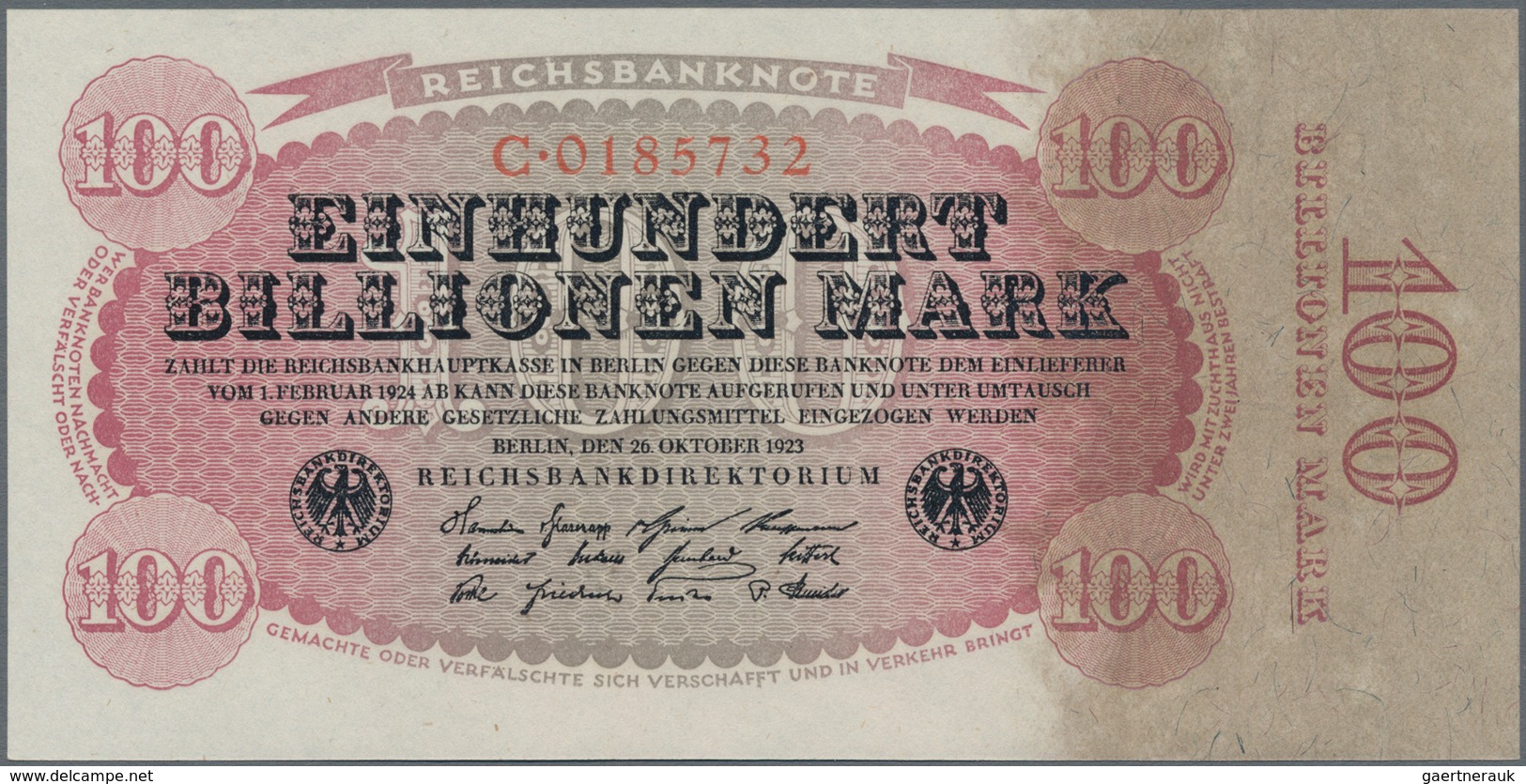 Deutschland - Deutsches Reich Bis 1945: 100 Billionen Mark 1923, Ro.125a, Reichsdruck Mit 7-stellige - Other & Unclassified