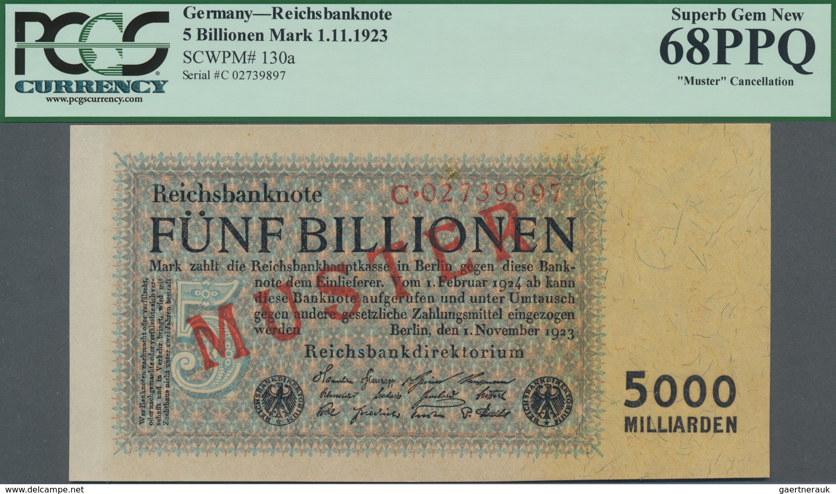 Deutschland - Deutsches Reich Bis 1945: 5 Billionen Mark 1923, Reichsdruck Mit 8-stelliger KN C-0273 - Other & Unclassified