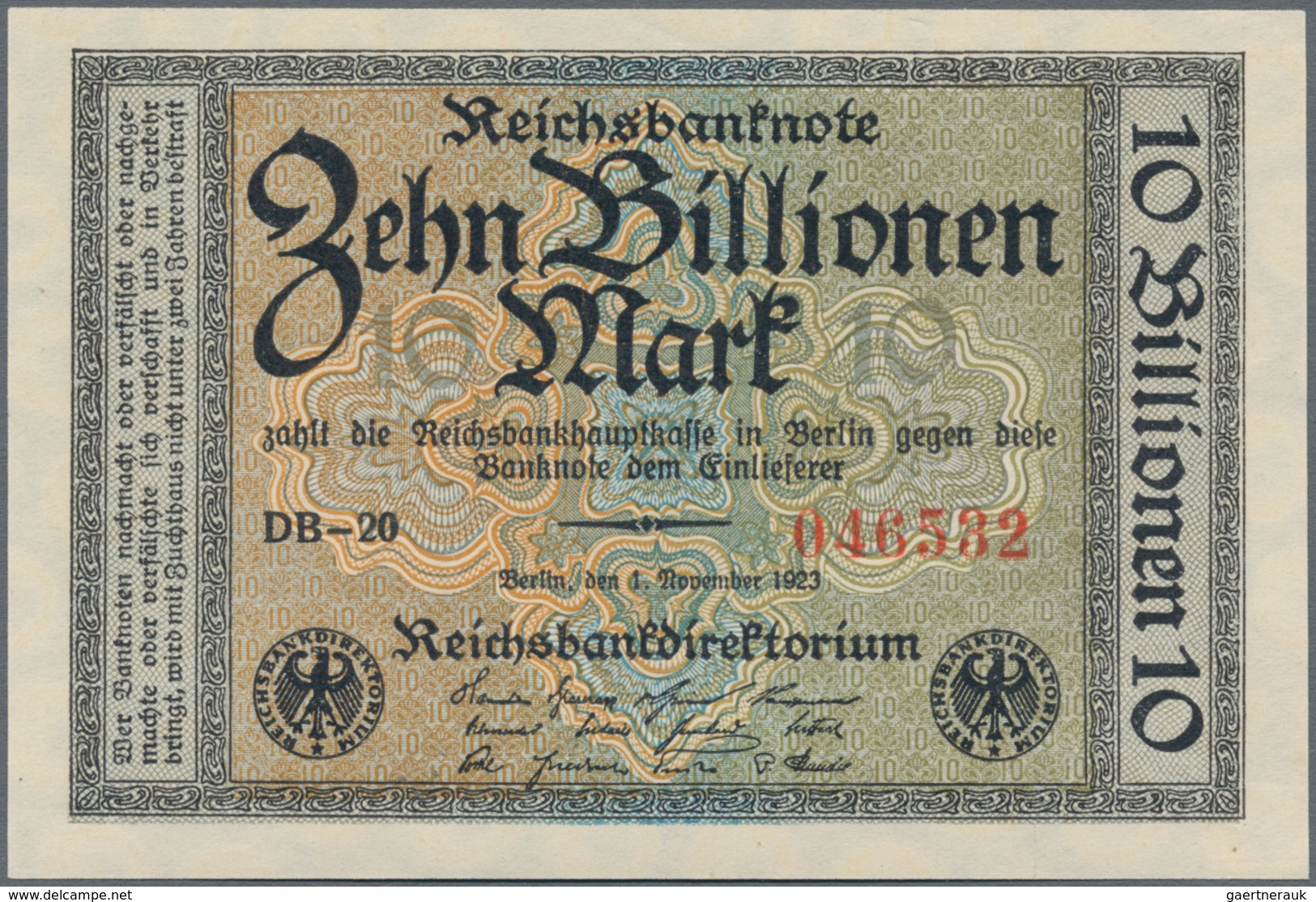 Deutschland - Deutsches Reich Bis 1945: 10 Billionen Mark 1923, Ro.129b, Wz. Ringe Und Fz. "DB" In K - Sonstige & Ohne Zuordnung