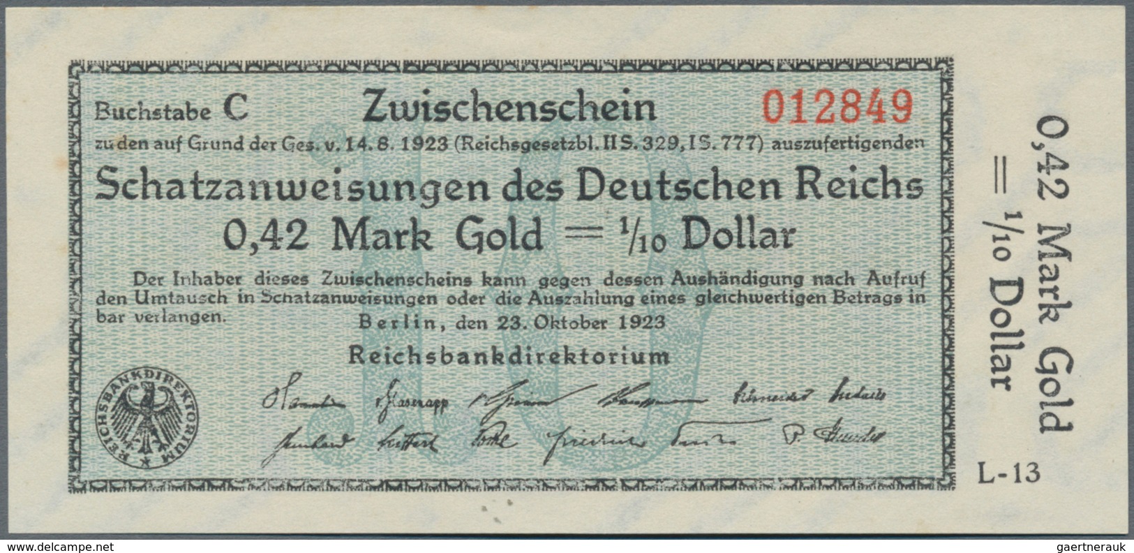 Deutschland - Deutsches Reich Bis 1945: Schatzanweisung Des Deutschen Reichs 0,42 Mark Gold = 1/10 D - Autres & Non Classés