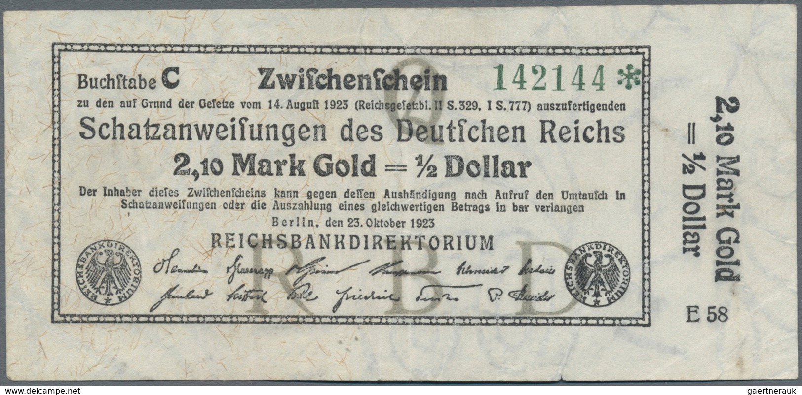 Deutschland - Deutsches Reich Bis 1945: Schatzanweisung Des Deutschen Reichs 2,10 Mark Gold = 1/2 Do - Other & Unclassified