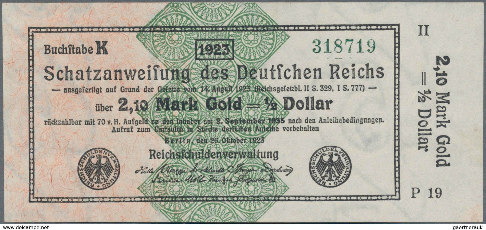 Deutschland - Deutsches Reich Bis 1945: Schatzanweisung Des Deutschen Reichs 2,10 Mark Gold = 1/2 Do - Sonstige & Ohne Zuordnung