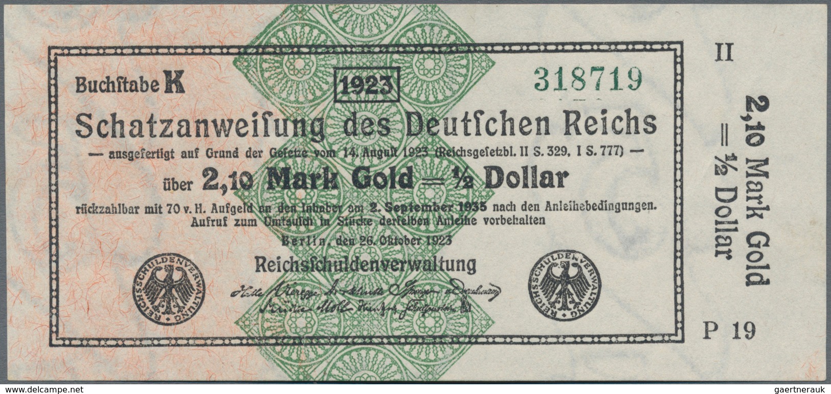 Deutschland - Deutsches Reich Bis 1945: Schatzanweisung Des Deutschen Reichs 2,10 Mark Gold = 1/2 Do - Andere & Zonder Classificatie