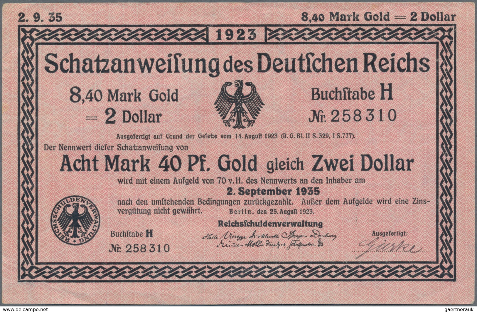 Deutschland - Deutsches Reich Bis 1945: Ganze Schatzanweisung Des Deutschen Reichs 8,40 Mark Gold = - Autres & Non Classés