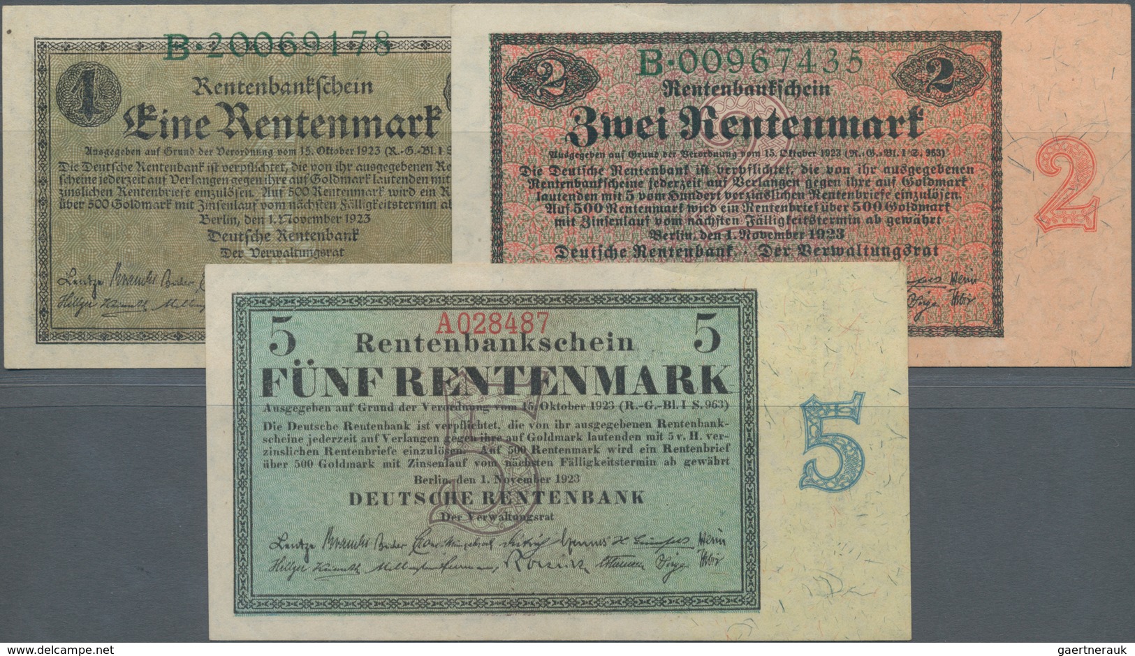 Deutschland - Deutsches Reich Bis 1945: Kleines Lot Mit 3 Banknoten 1 Rentenmark 1923 Ro.154a (aUNC) - Autres & Non Classés