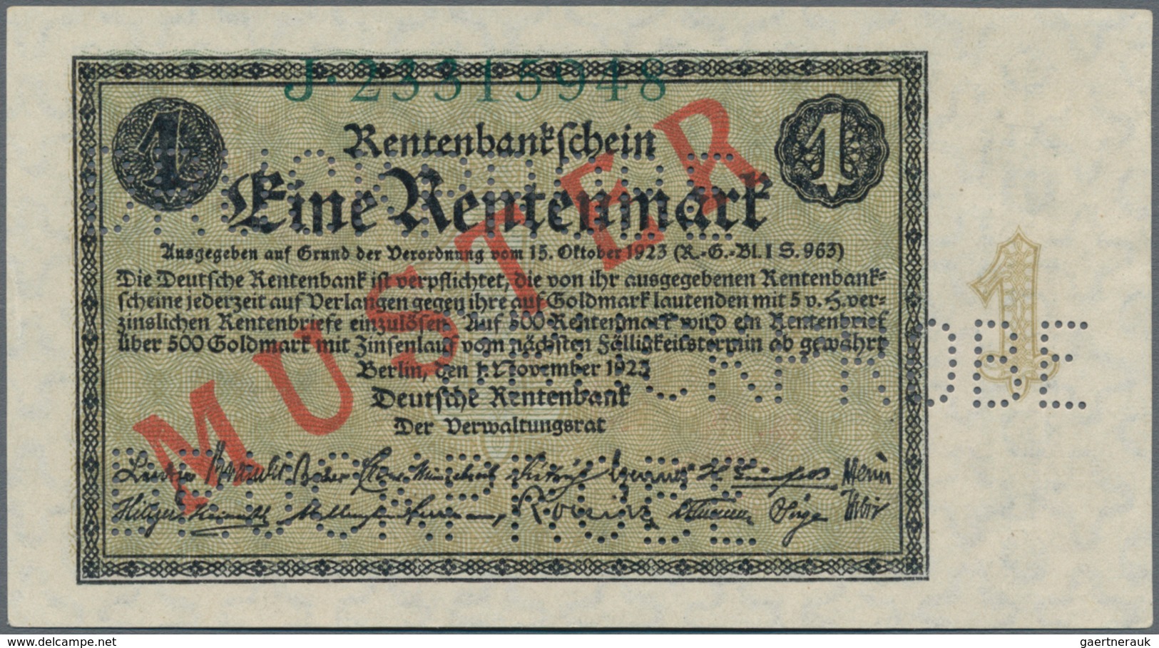 Deutschland - Deutsches Reich Bis 1945: 1 Rentenmark 1923 Muster, Ro.154M, Roter Überdruck "Muster", - Autres & Non Classés