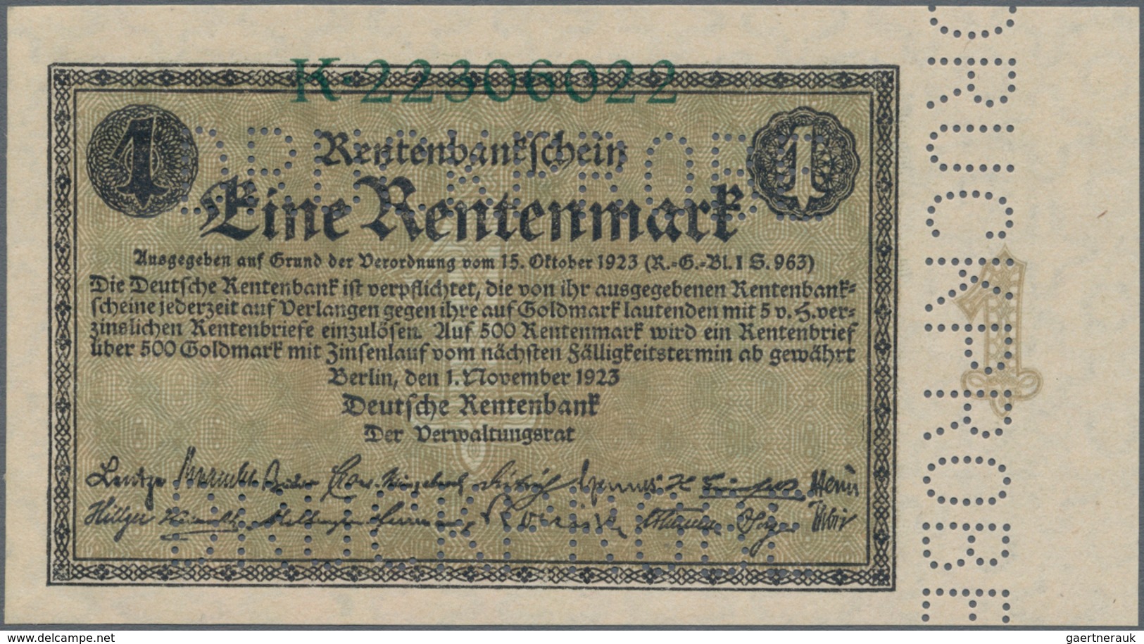 Deutschland - Deutsches Reich Bis 1945: 1 Rentenmark 1923 MUSTER, Ro.154M, Mit Dreifacher Perforatio - Other & Unclassified