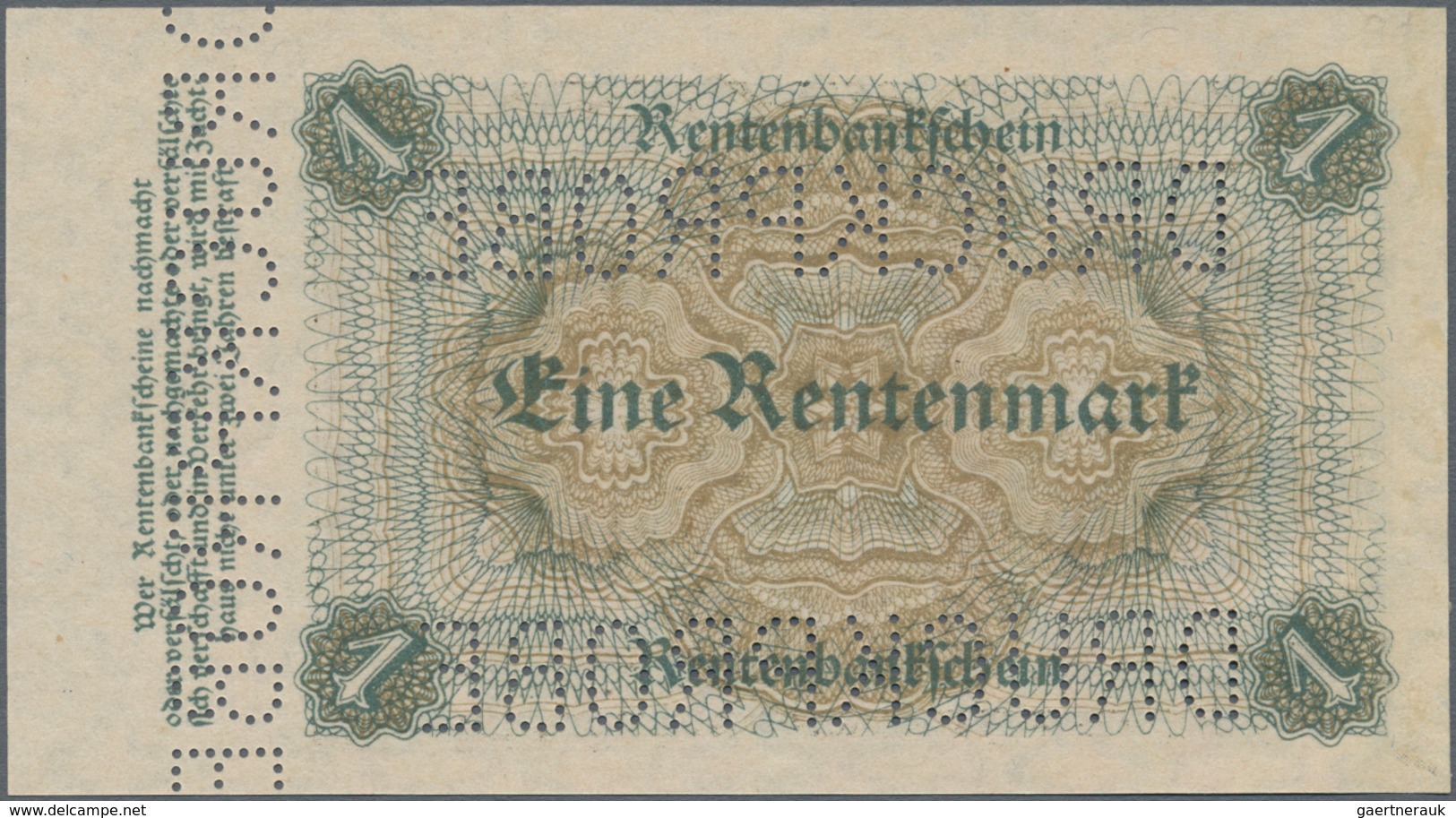 Deutschland - Deutsches Reich Bis 1945: 1 Rentenmark 1923 MUSTER, Ro.154M, Mit Dreifacher Perforatio - Sonstige & Ohne Zuordnung