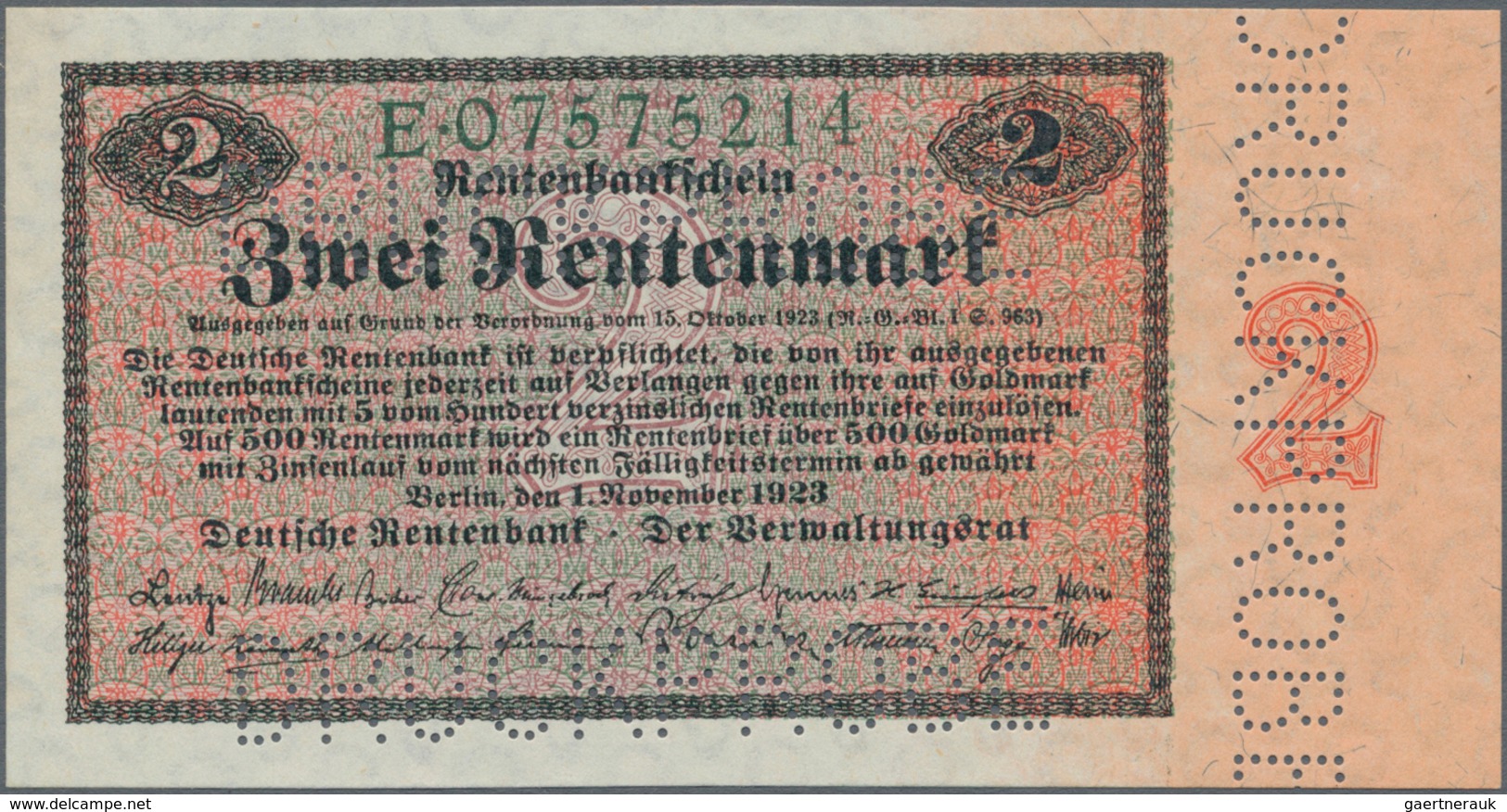 Deutschland - Deutsches Reich Bis 1945: 2 Rentenmark 1923 MUSTER, Ro.155M, Mit Dreifacher Perforatio - Sonstige & Ohne Zuordnung