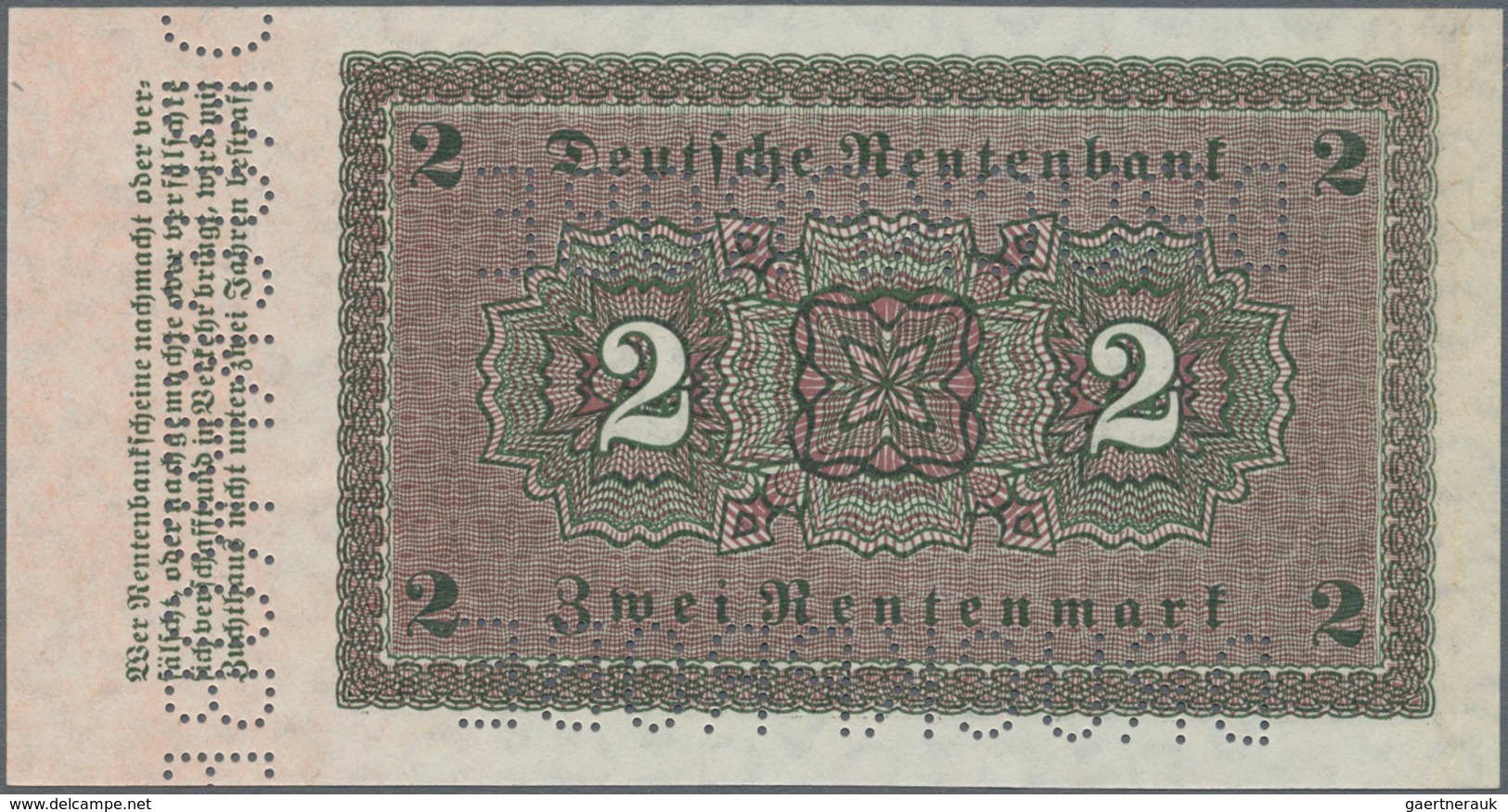 Deutschland - Deutsches Reich Bis 1945: 2 Rentenmark 1923 MUSTER, Ro.155M, Mit Dreifacher Perforatio - Sonstige & Ohne Zuordnung