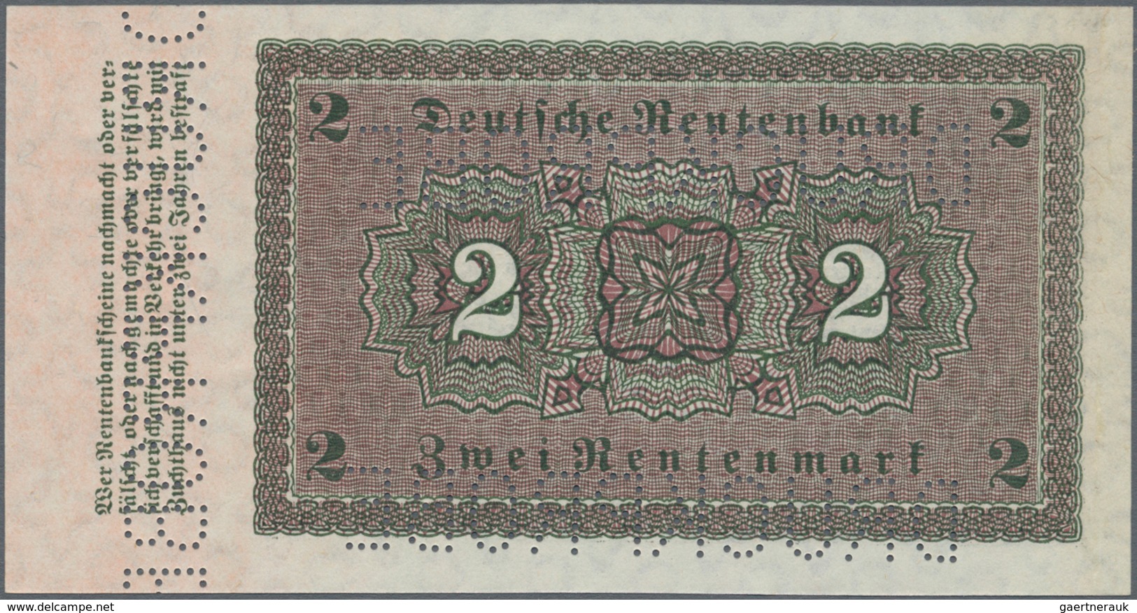 Deutschland - Deutsches Reich Bis 1945: 2 Rentenmark 1923 MUSTER, Ro.155M, Mit Dreifacher Perforatio - Autres & Non Classés