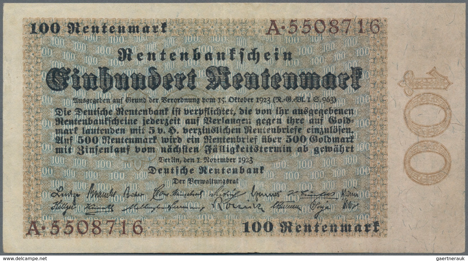 Deutschland - Deutsches Reich Bis 1945: 100 Rentenmark 1923, Ro.159, Sehr Saubere Umlauferhaltung Mi - Autres & Non Classés