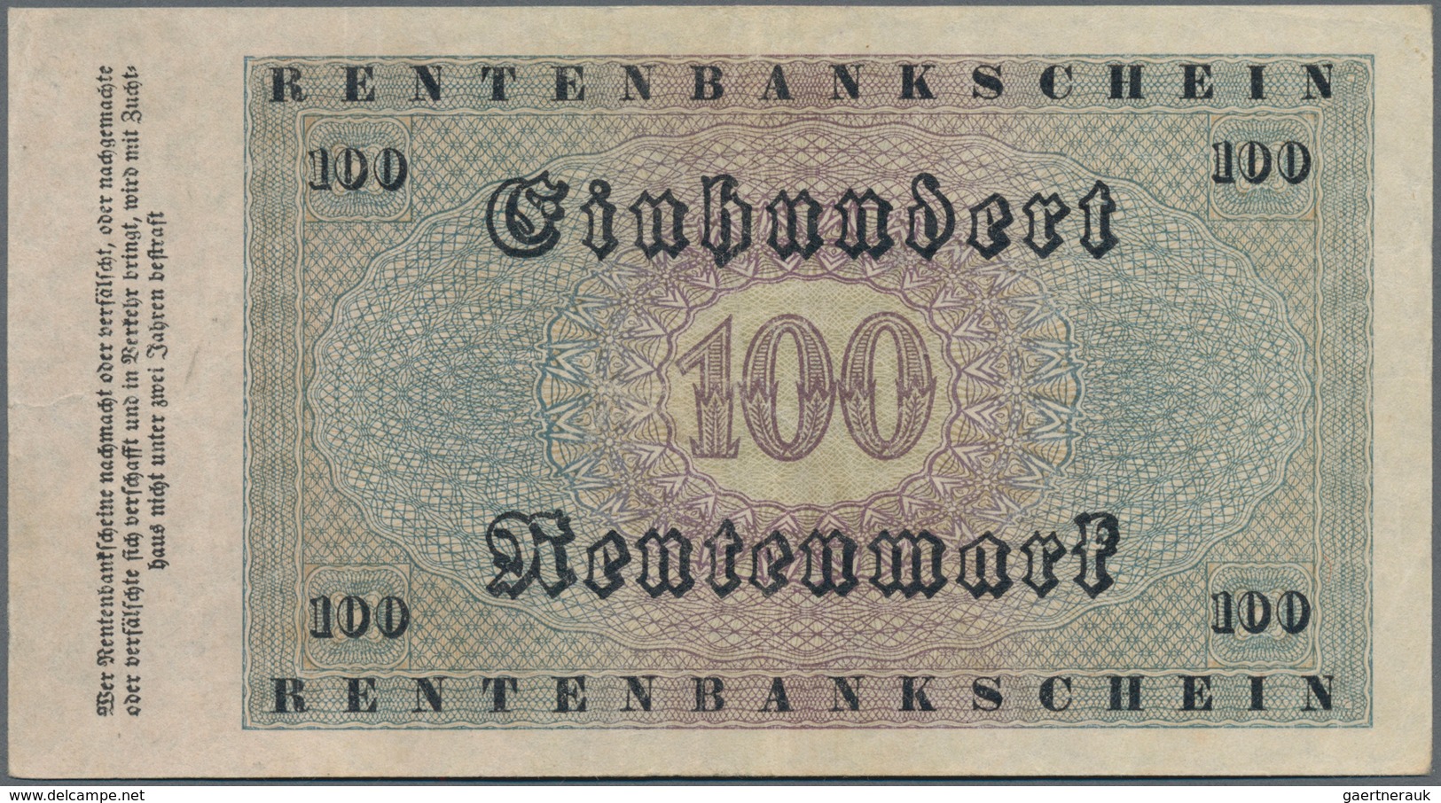 Deutschland - Deutsches Reich Bis 1945: 100 Rentenmark 1923, Ro.159, Sehr Saubere Umlauferhaltung Mi - Autres & Non Classés