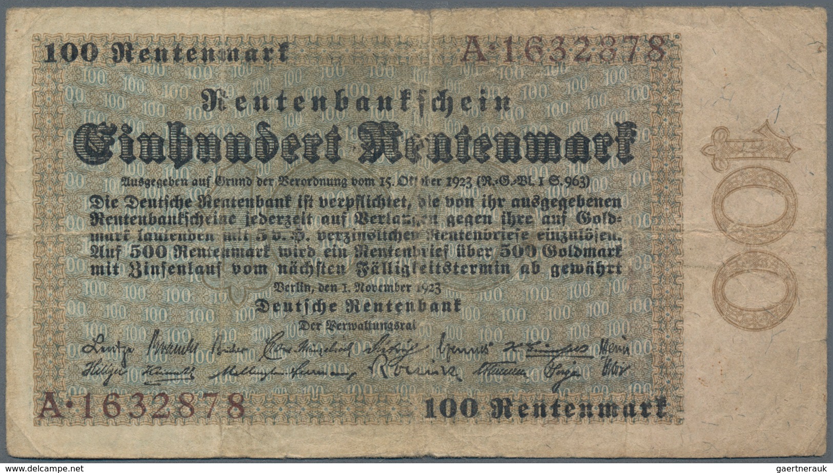 Deutschland - Deutsches Reich Bis 1945: 100 Rentenmark 1923, Ro.159, Starker Gebraucht Mit Kleinen E - Autres & Non Classés