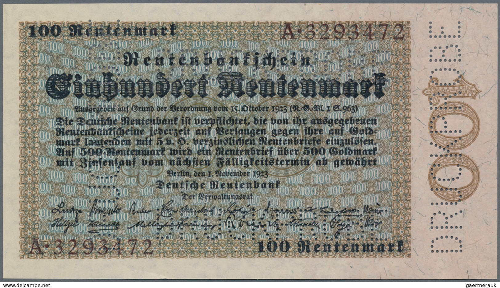 Deutschland - Deutsches Reich Bis 1945: 100 Rentenmark 1923 MUSTER, Ro.159M, Mit Dreifacher Perforat - Other & Unclassified