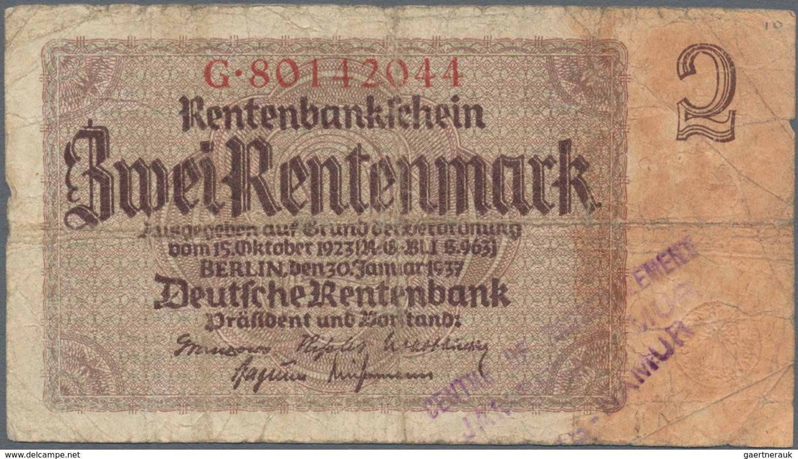 Deutschland - Deutsches Reich Bis 1945: Kleines Lot Mit 6 Belgischen Abstempelungen Auf 2 Rentenmark - Other & Unclassified