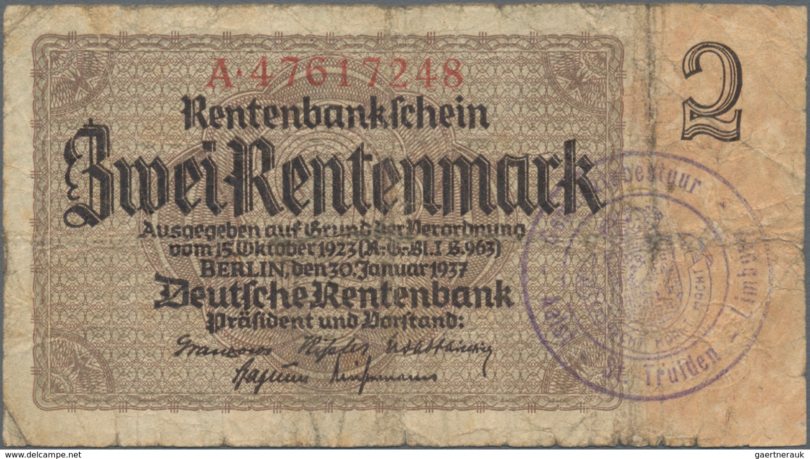 Deutschland - Deutsches Reich bis 1945: Kleines Lot mit 6 belgischen Abstempelungen auf 2 Rentenmark