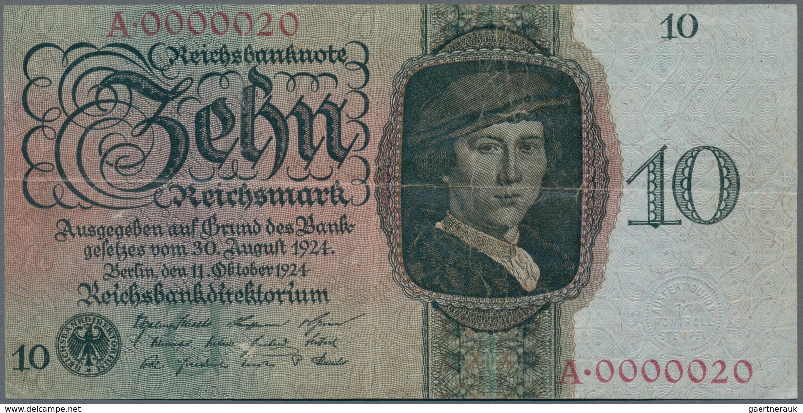 Deutschland - Deutsches Reich Bis 1945: 10 Reichsmark 1924, Ro.168a, Udr. U, Serie A, Mit Sehr Niedr - Autres & Non Classés