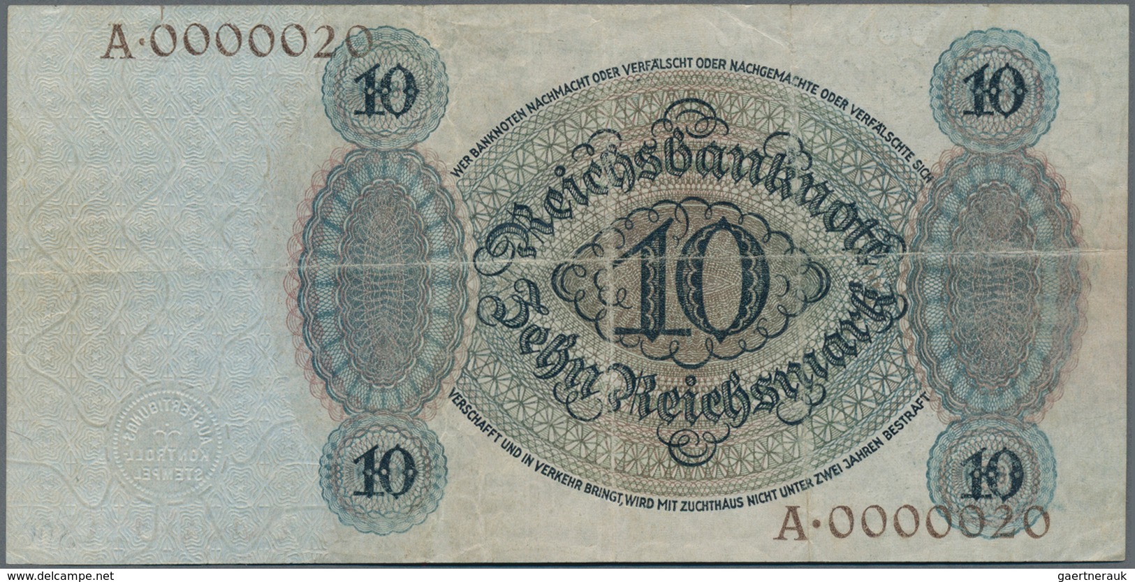 Deutschland - Deutsches Reich Bis 1945: 10 Reichsmark 1924, Ro.168a, Udr. U, Serie A, Mit Sehr Niedr - Autres & Non Classés