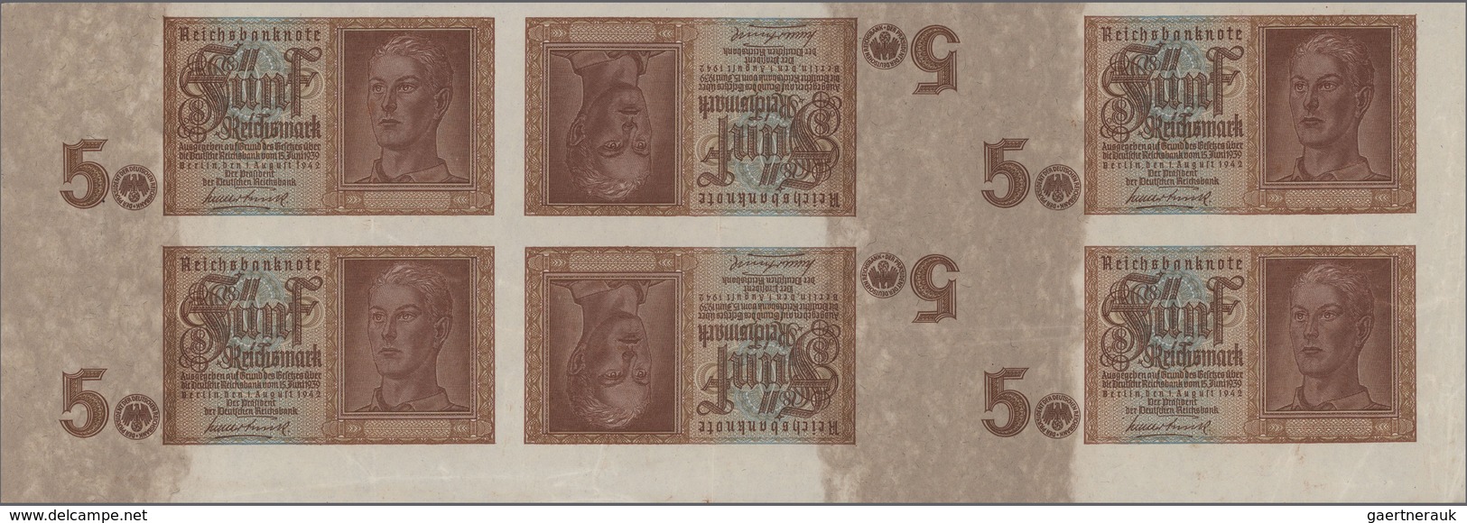 Deutschland - Deutsches Reich Bis 1945: Ungeschnittenes Teilstück Eines Bogens Mit 6 Banknoten 5 Rei - Sonstige & Ohne Zuordnung