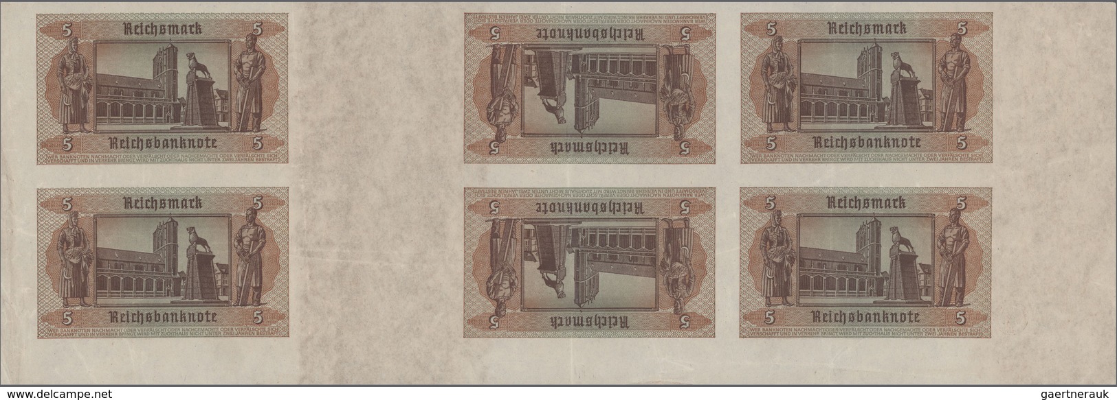 Deutschland - Deutsches Reich Bis 1945: Ungeschnittenes Teilstück Eines Bogens Mit 6 Banknoten 5 Rei - Sonstige & Ohne Zuordnung