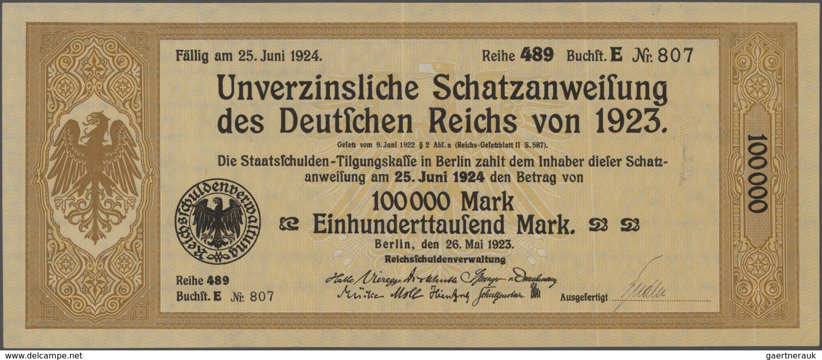 Deutschland - Deutsches Reich bis 1945: Lot mit 5 Schatzanweisungen des Deutschen Reichs von 1923 üb