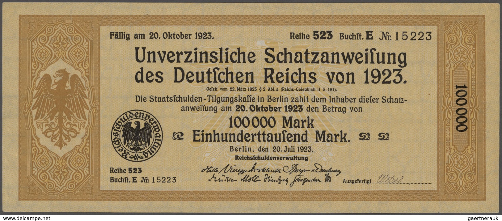 Deutschland - Deutsches Reich Bis 1945: Lot Mit 5 Schatzanweisungen Des Deutschen Reichs Von 1923 üb - Sonstige & Ohne Zuordnung