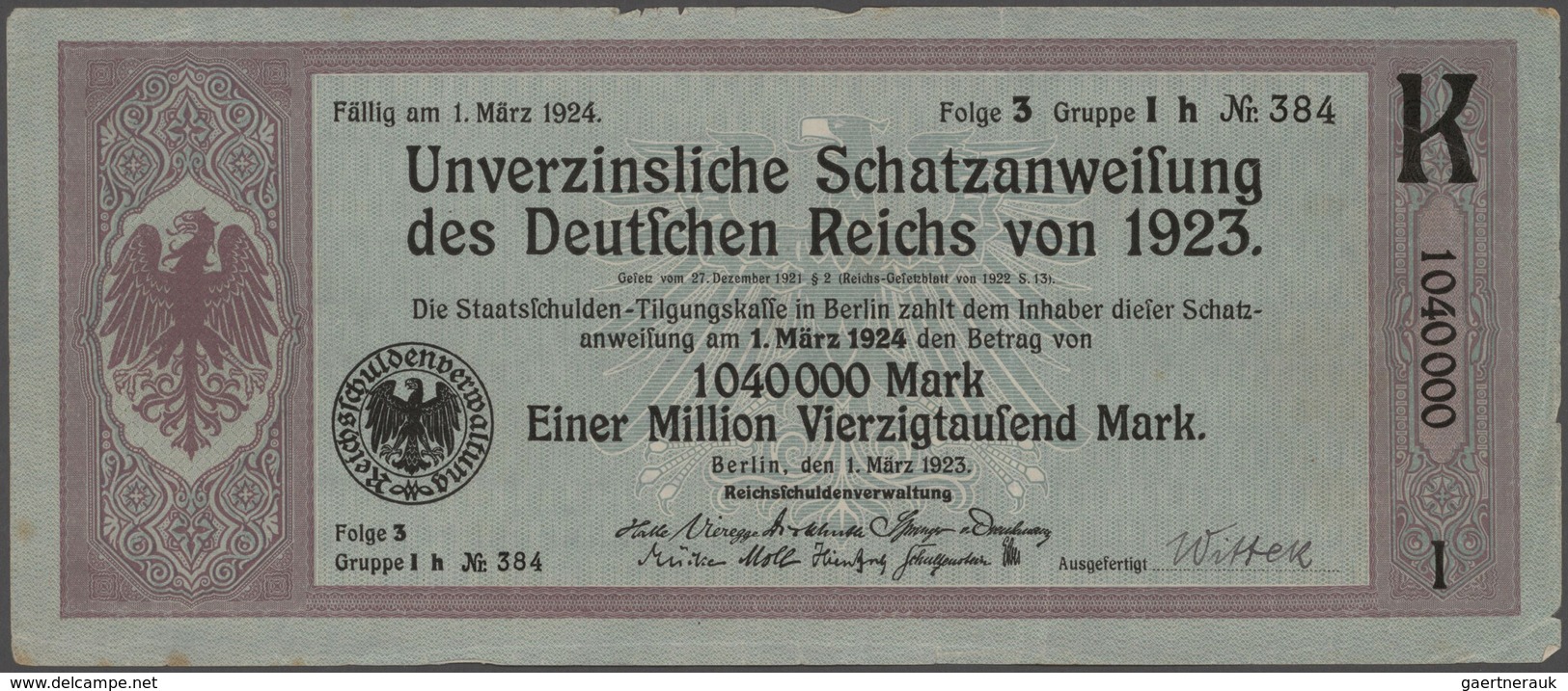 Deutschland - Deutsches Reich Bis 1945: Lot Mit 5 Schatzanweisungen Des Deutschen Reichs Von 1923 üb - Sonstige & Ohne Zuordnung