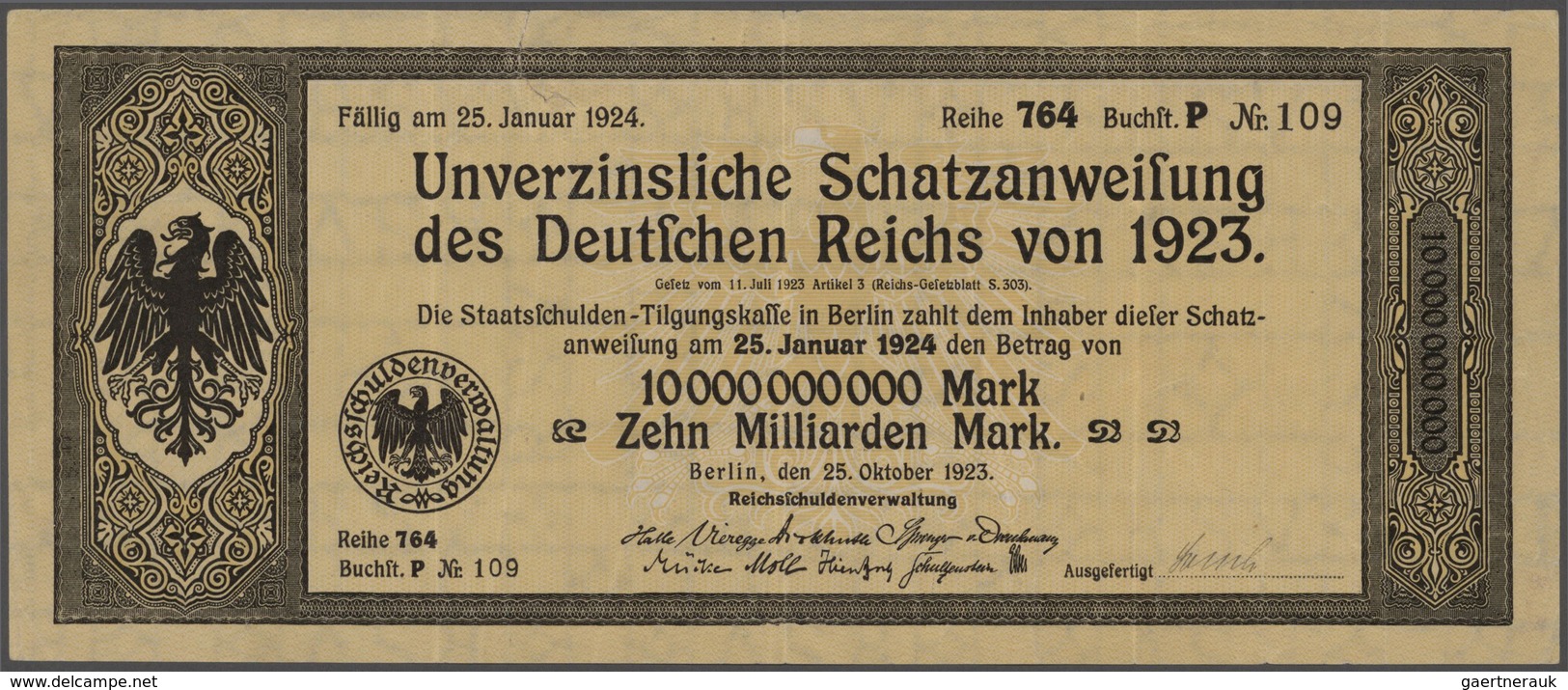 Deutschland - Deutsches Reich bis 1945: Lot mit 5 Schatzanweisungen des Deutschen Reichs von 1923 üb