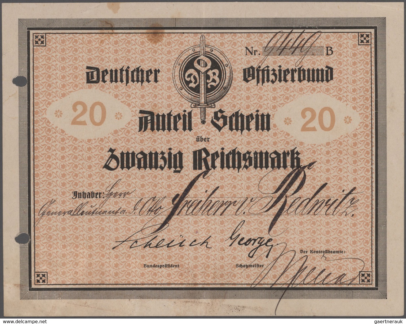 Deutschland - Deutsches Reich Bis 1945: Deutscher Offiziersbund, Anteilsschein über 20 Reichsmark, A - Andere & Zonder Classificatie