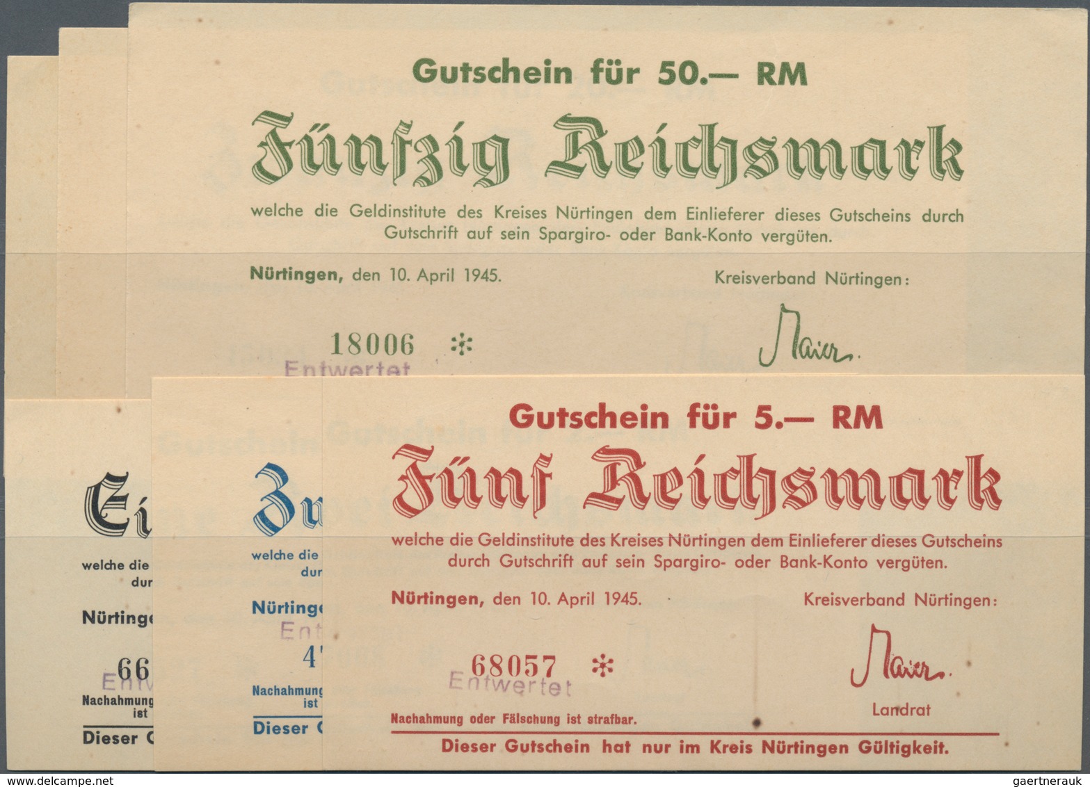 Deutschland - Alliierte Miltärbehörde + Ausgaben 1945-1948: Nürtingen, Kreisverband, 1, 2, 5, 10, 20 - Sonstige & Ohne Zuordnung