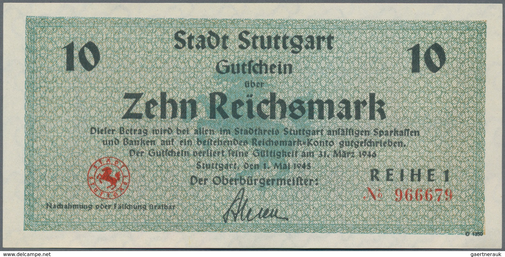 Deutschland - Alliierte Miltärbehörde + Ausgaben 1945-1948: Stuttgart, Stadt, 1, 2, 5, 10, 20 Reichs - Sonstige & Ohne Zuordnung