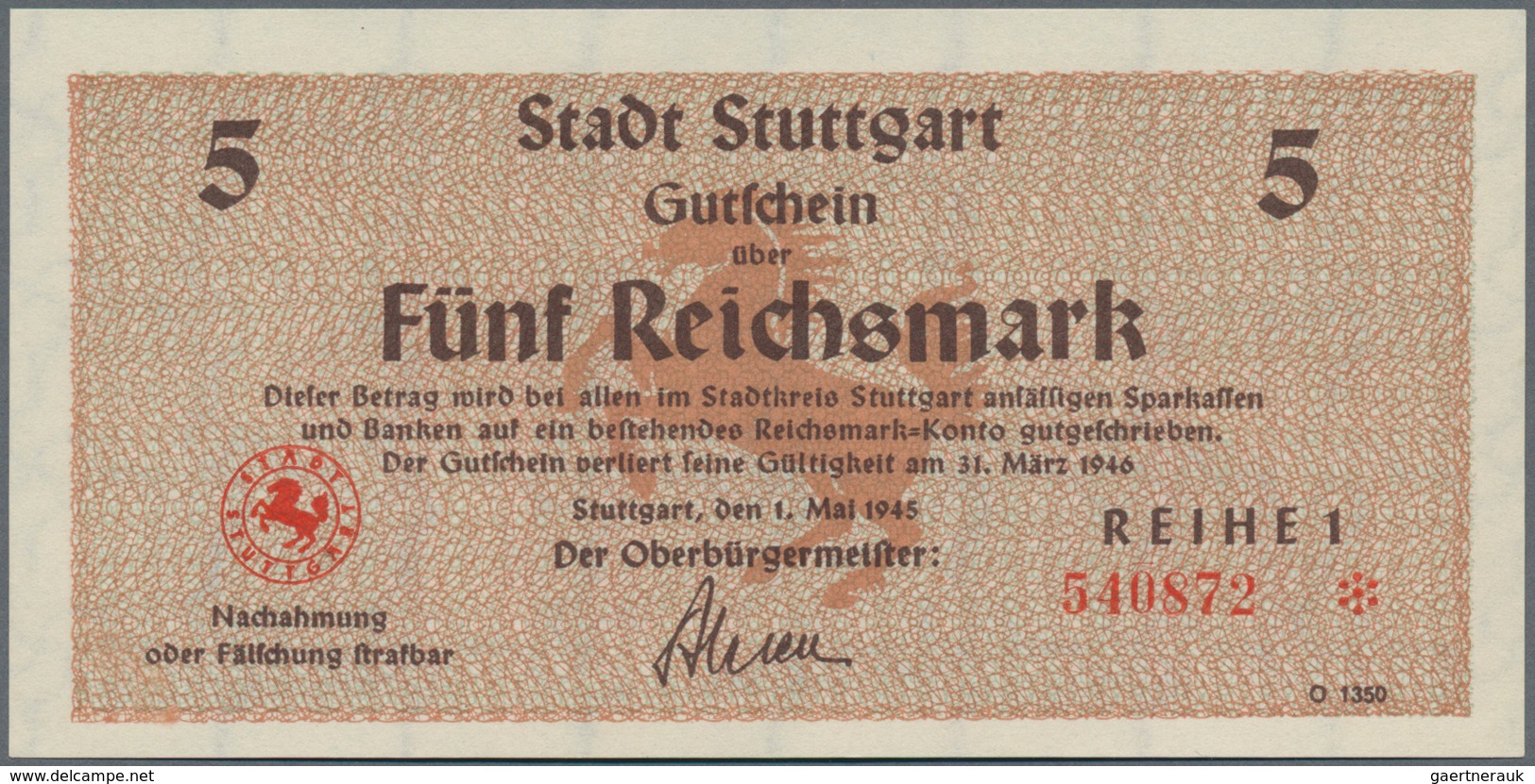 Deutschland - Alliierte Miltärbehörde + Ausgaben 1945-1948: Stuttgart, Stadt, 1, 2, 5, 10, 20 Reichs