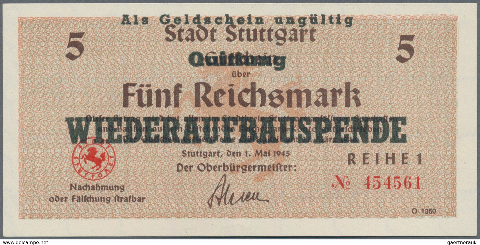 Deutschland - Alliierte Miltärbehörde + Ausgaben 1945-1948: Stuttgart, Stadt, 1, 2, 5, 10, 20 Reichs