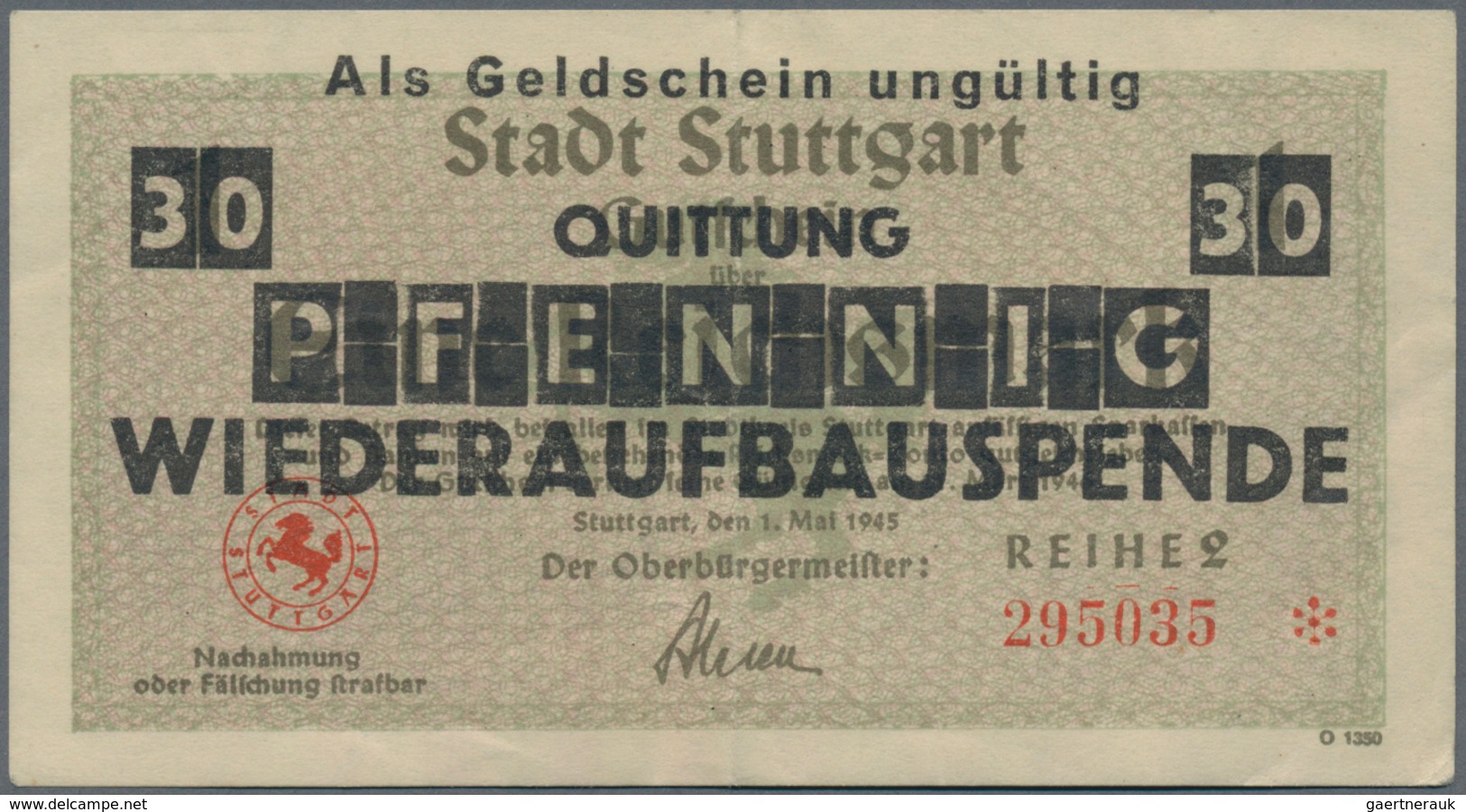 Deutschland - Alliierte Miltärbehörde + Ausgaben 1945-1948: Stuttgart, Stadt, 1, 2, 5, 10, 20 Reichs