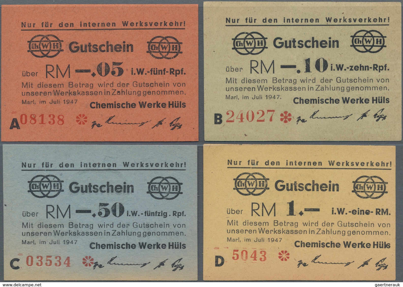 Deutschland - Alliierte Miltärbehörde + Ausgaben 1945-1948: Marl, Chemische Werke Hüls, 5, 10, 50 Re - Sonstige & Ohne Zuordnung