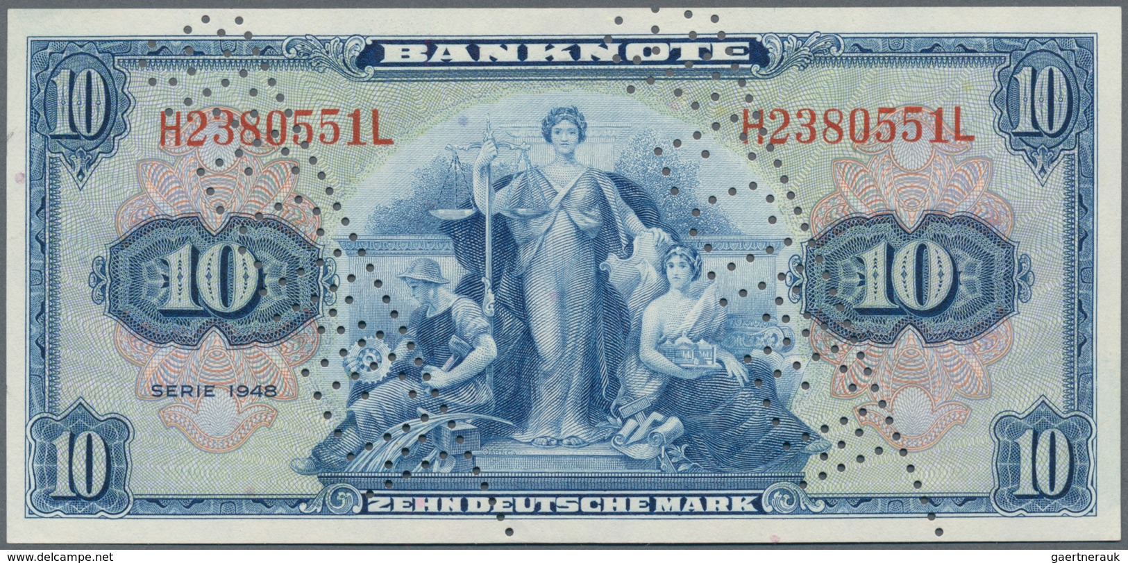 Deutschland - Bank Deutscher Länder + Bundesrepublik Deutschland: 10 DM 1948 MUSTER Mit Zwei Perfora - Autres & Non Classés